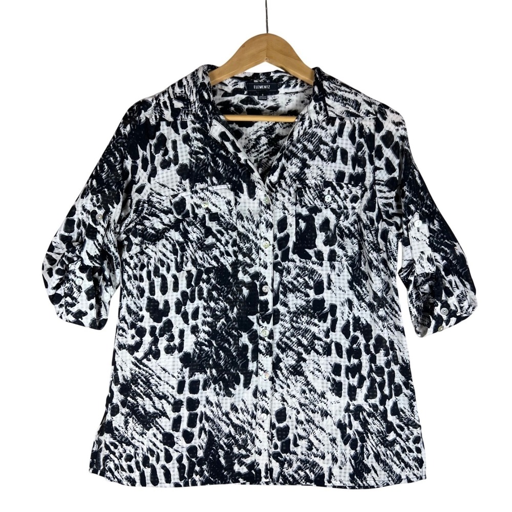 Elementz Womens Black White Abstract Animal Print Roll Tab Button Up Shirt S